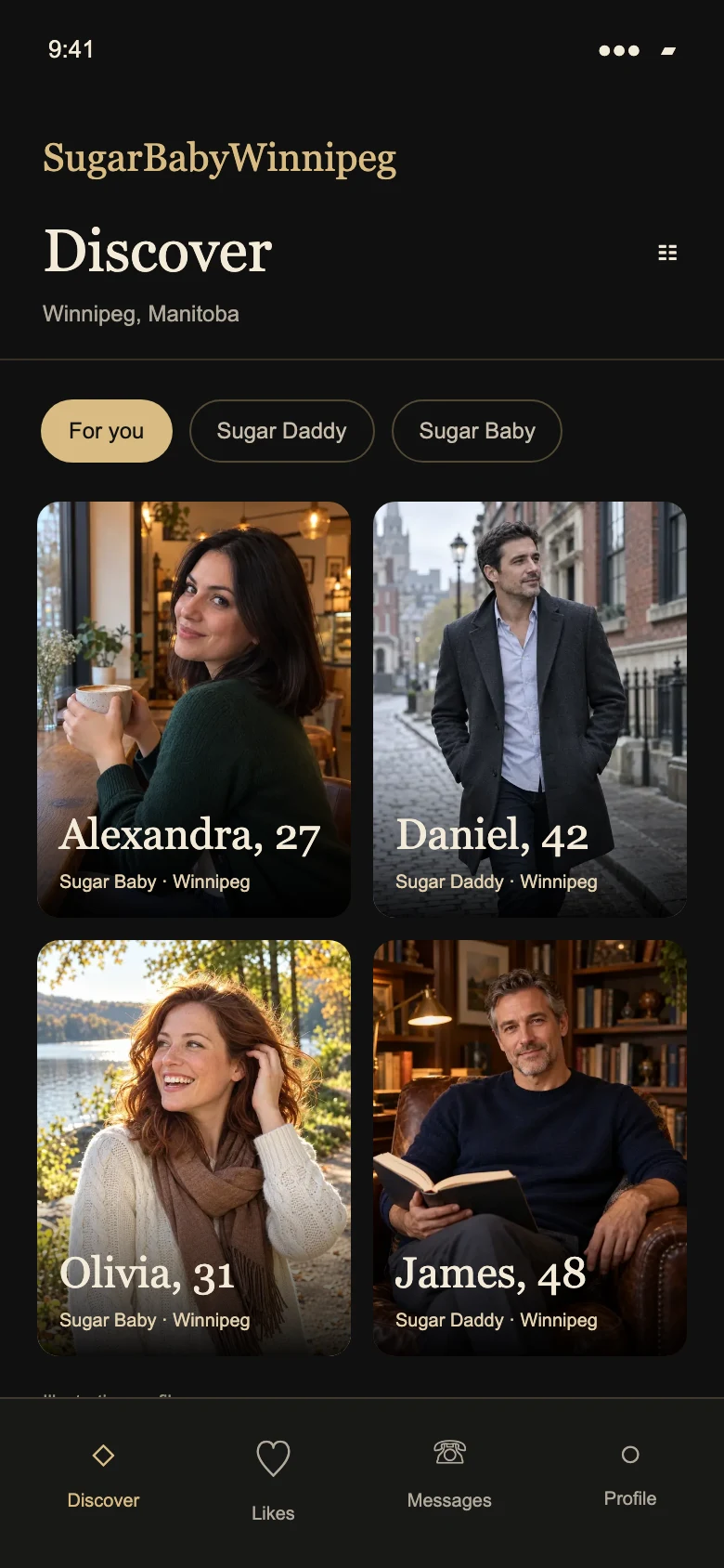 Dating app discovery screen showing sugar daddy and sugar baby profiles in Winnipeg