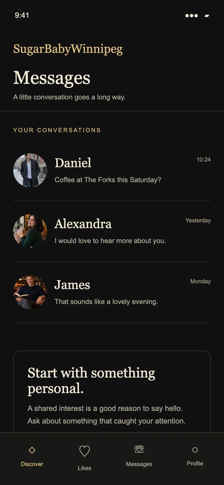 Dating app messages screen with conversations